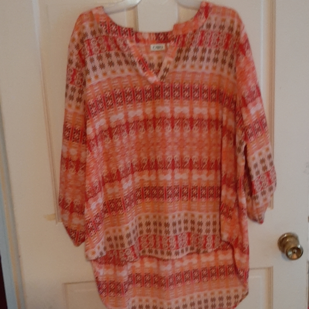Cato Salmon and gold print blouse. High Low blouse